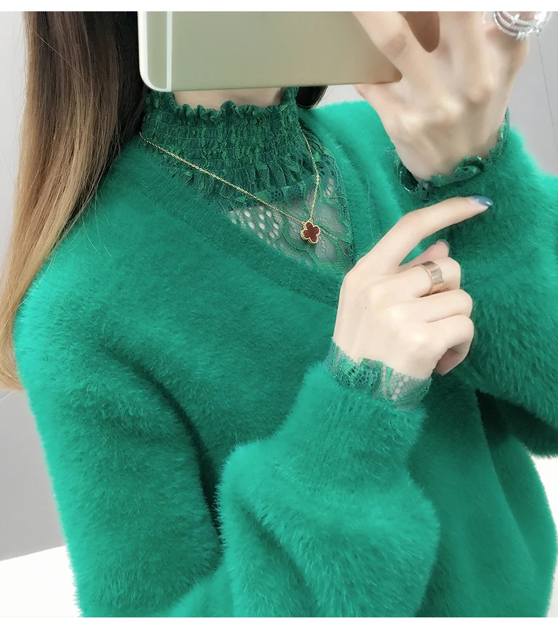 autumn new Casual Knitted Tops Women Solid color V-Neck Lace Sweater Fashion Loose Lantern Sleeve Pullovers women