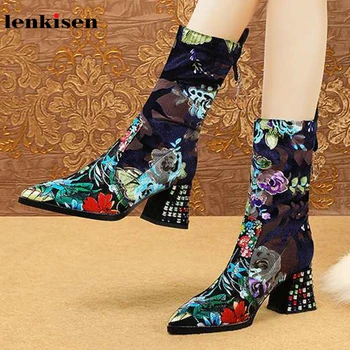 

Lenkisen shiny crystal high heels print sheep suede stretch pointed toe winter fashion metal decorations women mid-calf bootsL11