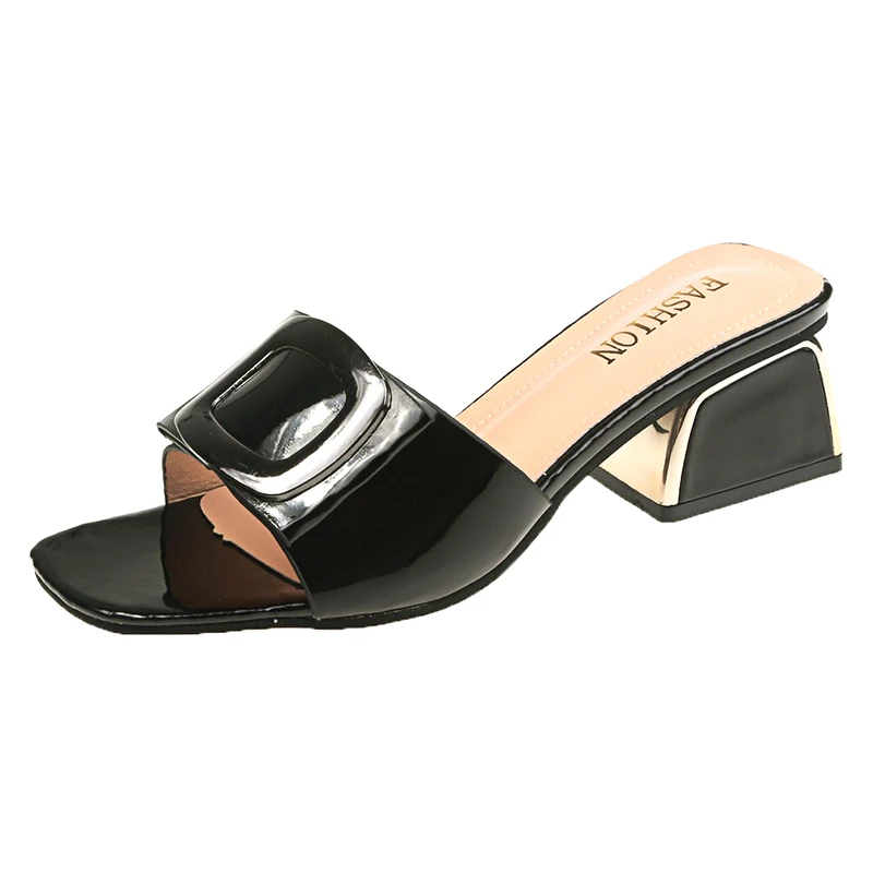 

Ho Heave 2020 Newest Popular Women Slippers Pure Coloe Square Head Coarse Heel Women's Wedges Non-slip Comfortable Sandals
