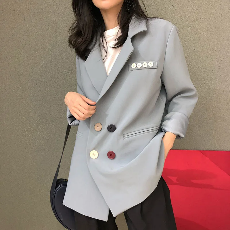 

2019 Autumn New Small Suit Lazy Wind Loose Casual Suit Coat Woman Notched Double Breasted Jackets and Coats Women Clothes