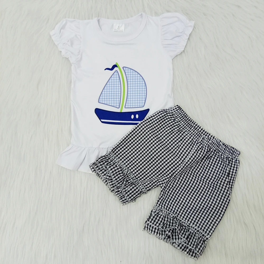 

new arrival baby boy boutique clothing baby girl sailboat top and seersucker shorts set girl embroidery craft summer outfit