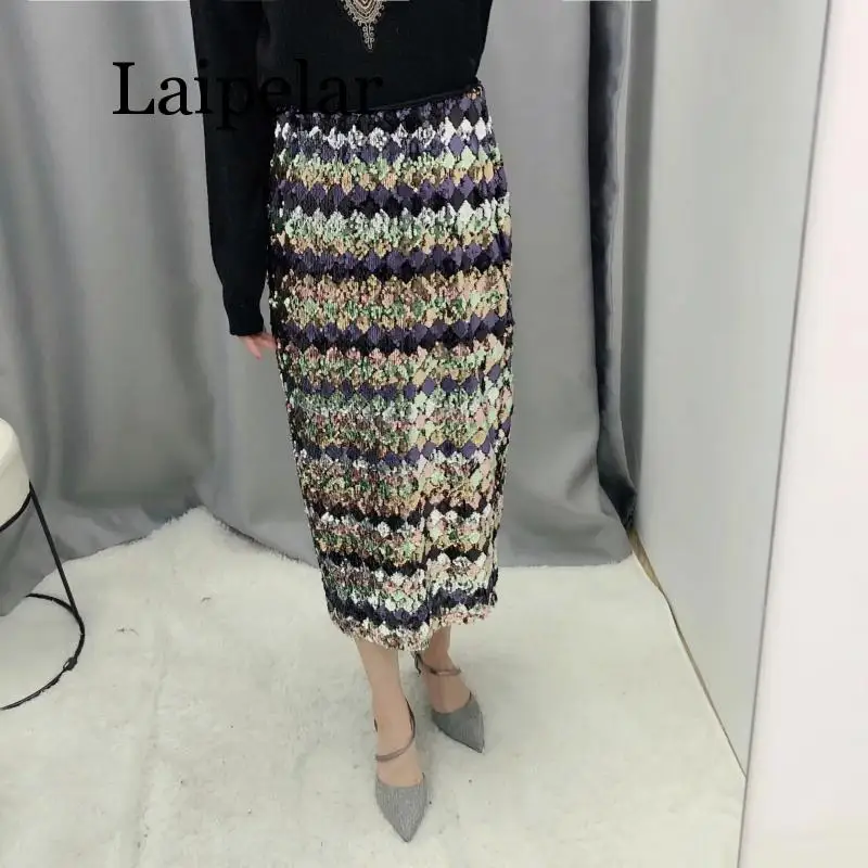 

2020 High waist Womens sequined Midi Skirt colorful blingbling Female bodycon party Skirt faldas elegant Ladies slim Skirt