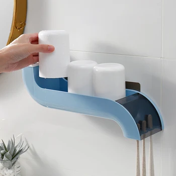 

Adhesive Drain Rack Home Multi Grids Toothpaste Storage Wall Mounted 3 Mouthwash Cups Non Punching Toothbrush Holder Save Space