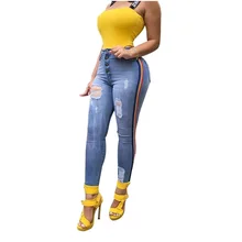 В полоску джинсы, женские брюки-клеш модные джинсы женские джинсовая куртка с дырками, Винтаж длинные штаны Для женщин Длинные повседневные штаны, брюки