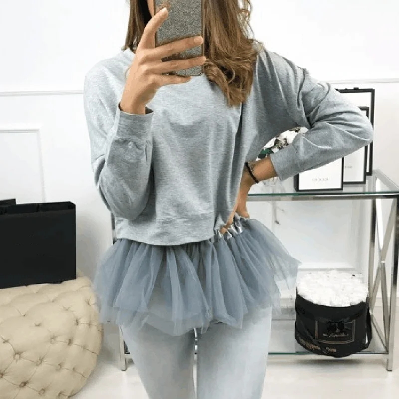 

Vicabo New Korean Style Women Mesh Hem Patchwork Tops Ladies Loose Round Neck Casual Solid Color Simple Long Sleeve T Shirts