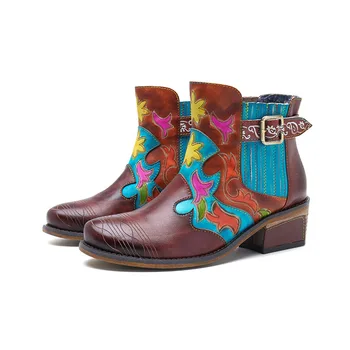

Western Cowgirl Boots Women Shoes Retro Genuine Leather Ankle Boots Female Bohemian Zipper Chunky Block Heels Booties