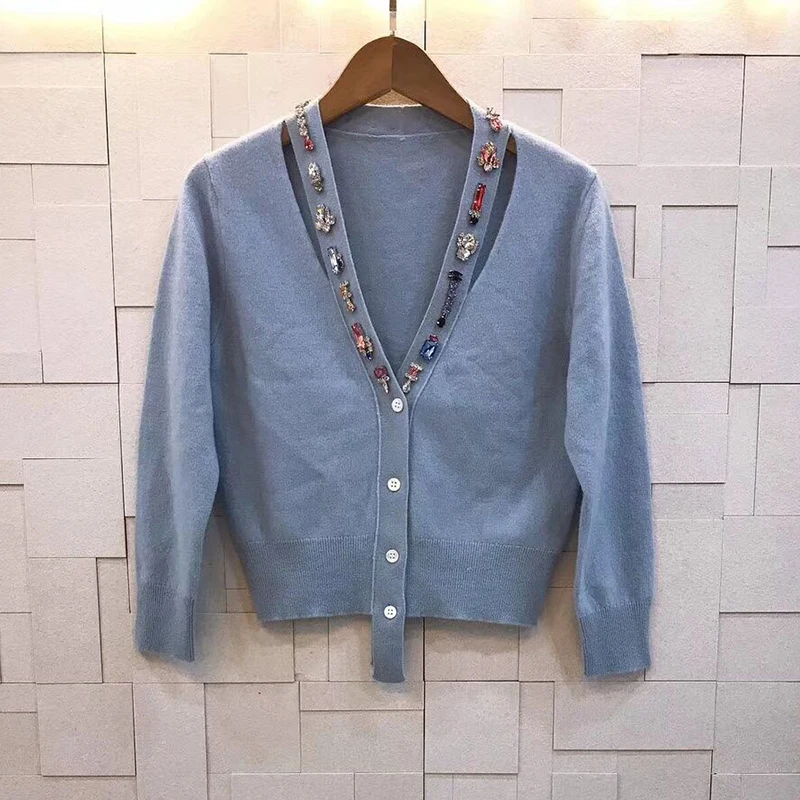 

Autumn Cardigan Sweater K-Shirt Blue Long Sleeve Short Sweater Fashion Luxury Diamond 2019 New Casual Fashion Women