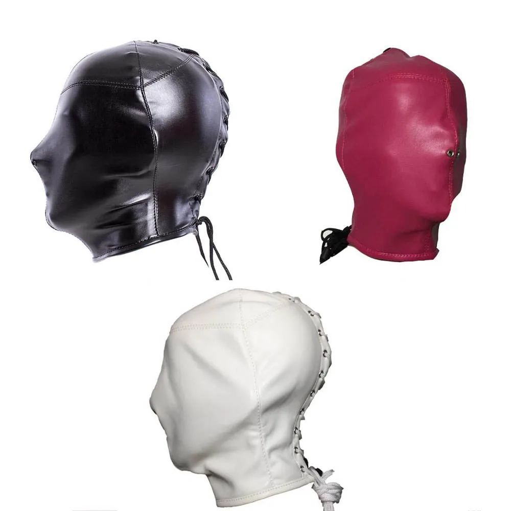 Disfraz de fetiche de piel sintética para dama, capucha de sujección de cabeza, cubierta Total, gorro de Gimp, juego de rol