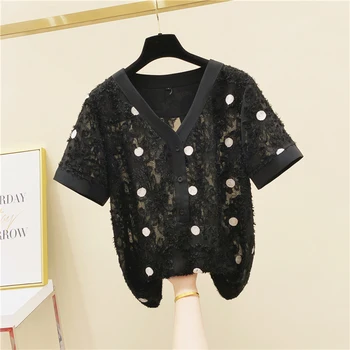 

Black Short Sleeve Polka Dot Flocked Chiffon Shirt Female 2020 Summer Top V-neck Loose Black Blouse Female Top Blusas Mujer