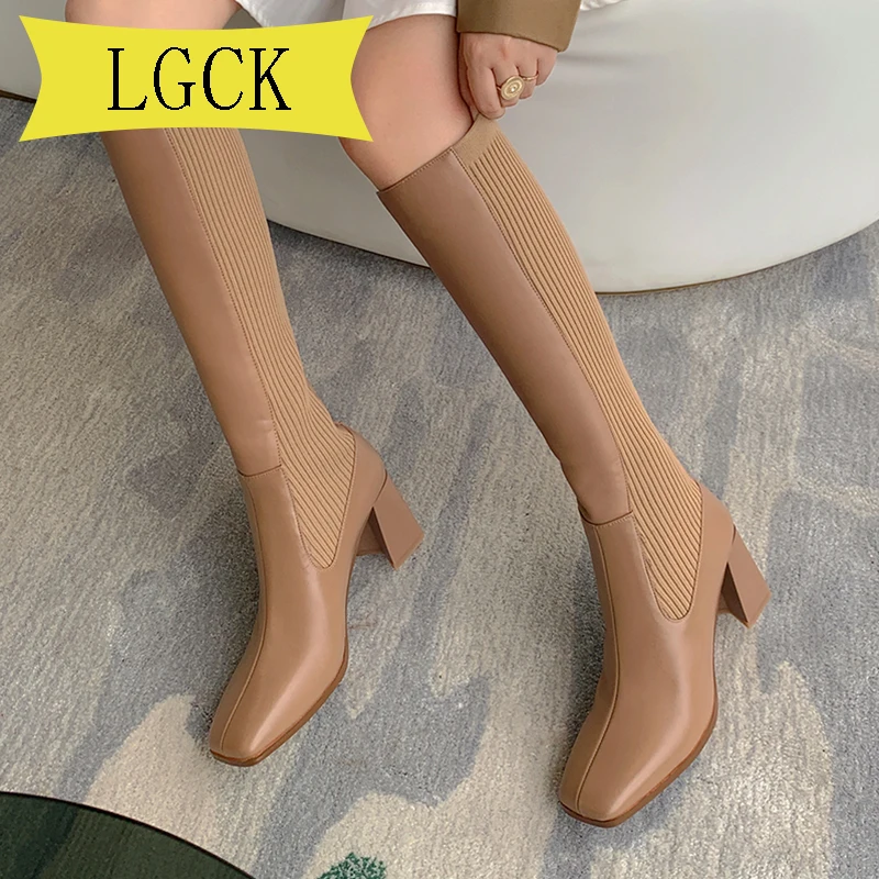 

Женские сапоги до колена из натуральной кожи, на молнии, с квадратным каблуком