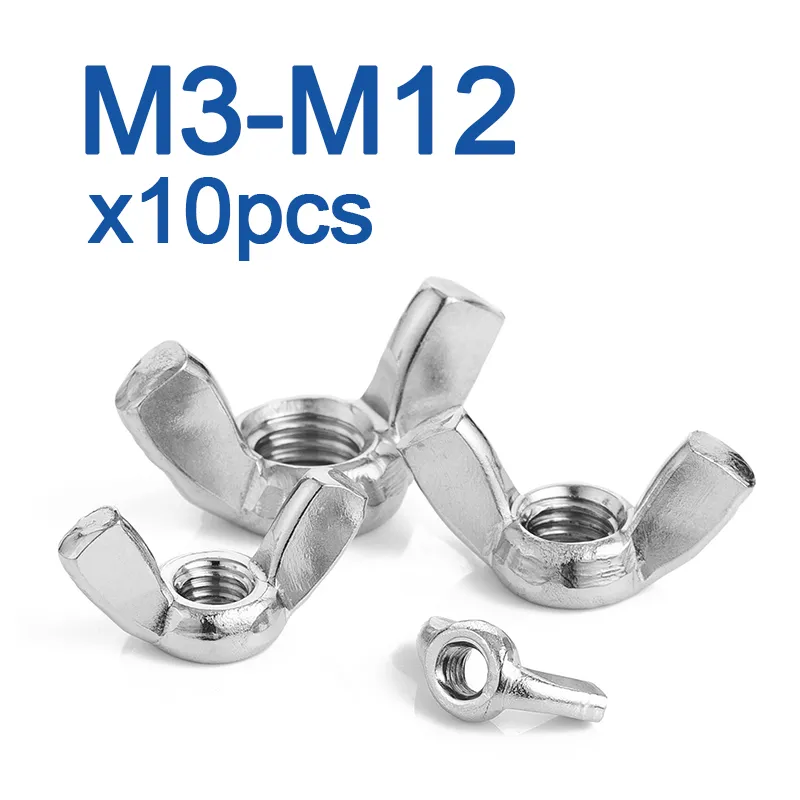 10Pcs M3/M4/M5/M6/M8/M10/M12 Stainless Steel Wing Butterfly Nuts 
