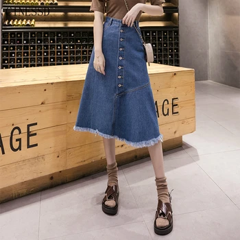 

Spring Summer Long Skirt Women Plus Size 4XL 5XL Jean Skirt High Waist Ladies Denim Skirt Korean A Line Skirts New Fashion 2020