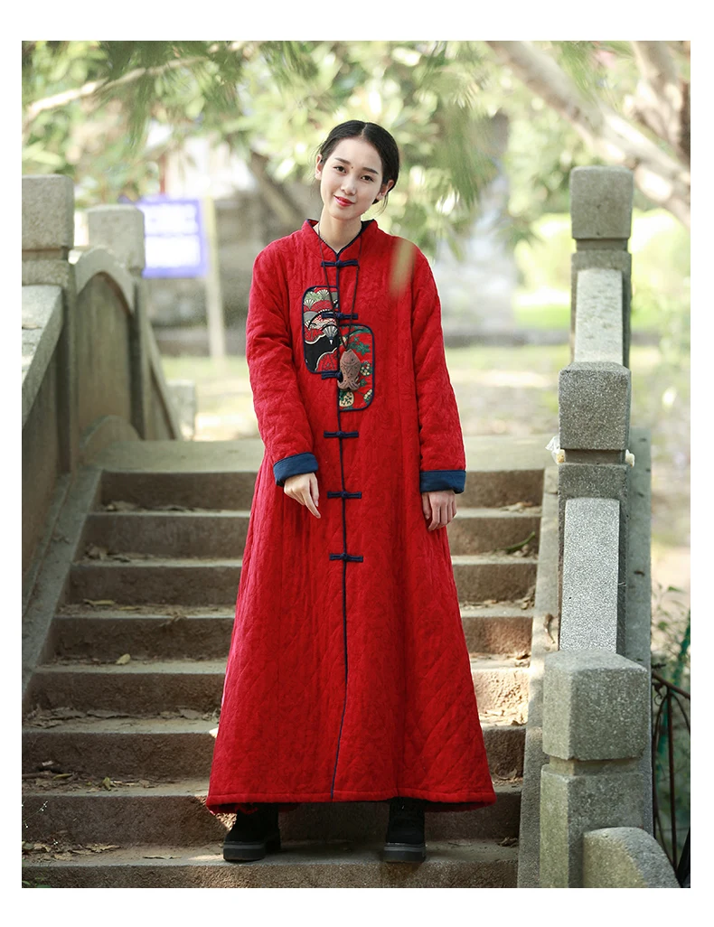 LZJN Оригинальное стеганое макси пальто осень зима с длинным рукавом винтажное платье Сплит китайский стиль лоскутное красное Стеганое пальто