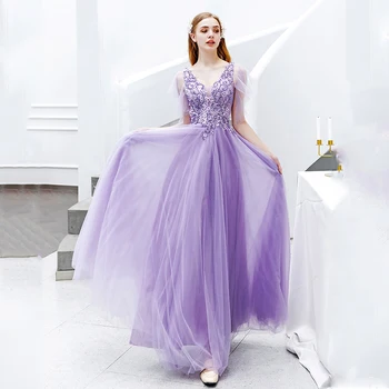 

Evening Dress Sexy Backless Purple Crepe A-Line Long Formal Gowns V-Neck Short Sleeve Party Dress Embroidery Robe De Soiree E643