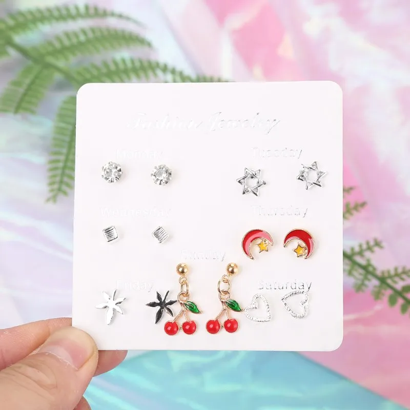 

7 Pairs/set Monday To Sunday Daily Earrings for Women Creative Geometric Stars Moon Stud Earrings Fashion Jewelry Gifts