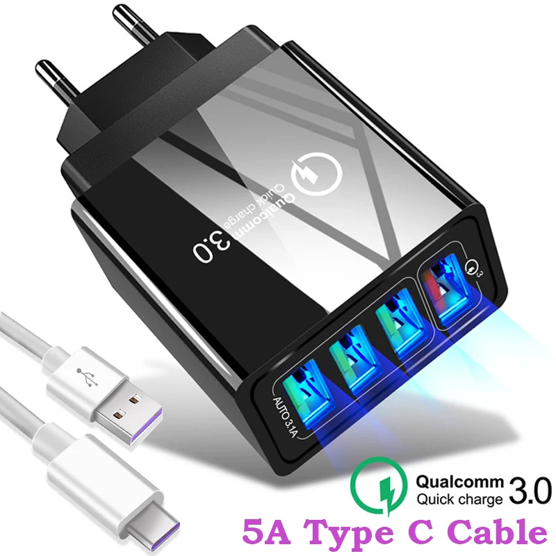 

48W Quick Charger 3.0 USB Charger For Huawei Mate 30 P30 Fast Wall Charger EU Plug Adapter For Samsung Note 10 5A Type C Cable
