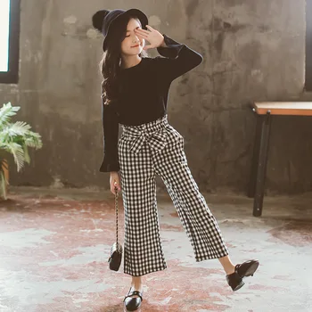 

Cuhk Children Clothes Set Flare Sleeve Black T-shirt With Plaid Loose Pants 2 Piece Girls Outfits Teenager Girl Casual Kids Suit