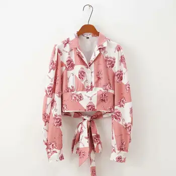 

2020 women fashion color matching print casual smock blouse shirts women hem elastic bow tied blusas chic blusas tops LS6487