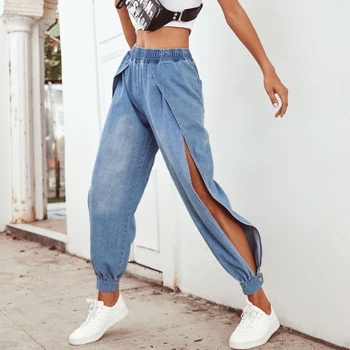 

High waist pants trousers for women 2019 Autumn Fashion Women's Cowboy female side slits casual feet denim casual pants female