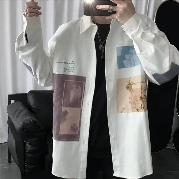 Spring Patchwork Cotton Shirts Men Casual Hip Hop Shirt Streetwear Long Sleeve Slim Fit Fashion High Street Tops | Мужская одежда