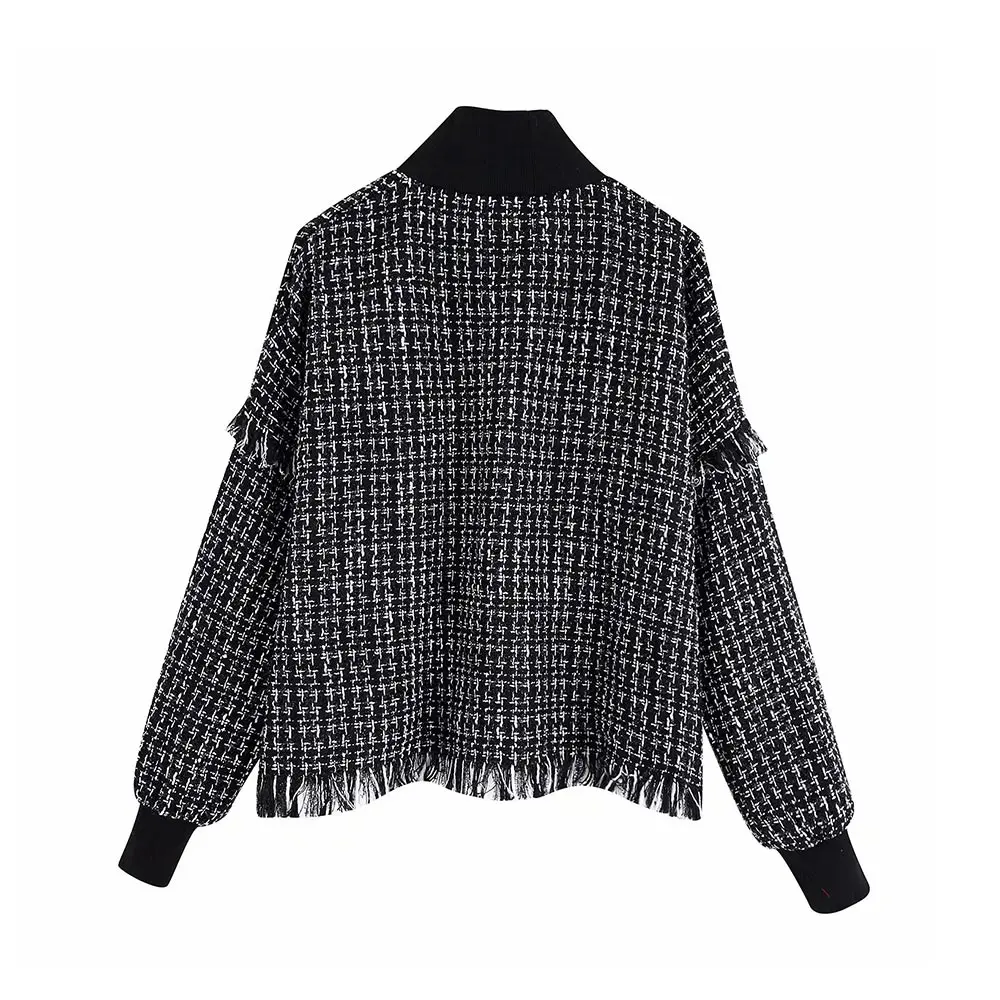  Vintage Stylish Frayed Tassel Plaid Tweed Sweatshirts Women 2020 Fashion Stand Collar Long Sleeve L