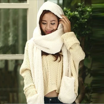 

3 Piece Sets Women Winter Warm Soft Hood Scarf Snood Pocket Hats Gloves New Fashion Hooded Scarf Hat Glove