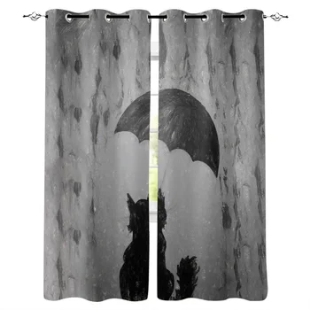 

Cat Under Umbrella On Rainy Day Window Curtains LivingRoom Kitchen Curtains Left and Right Biparting Open