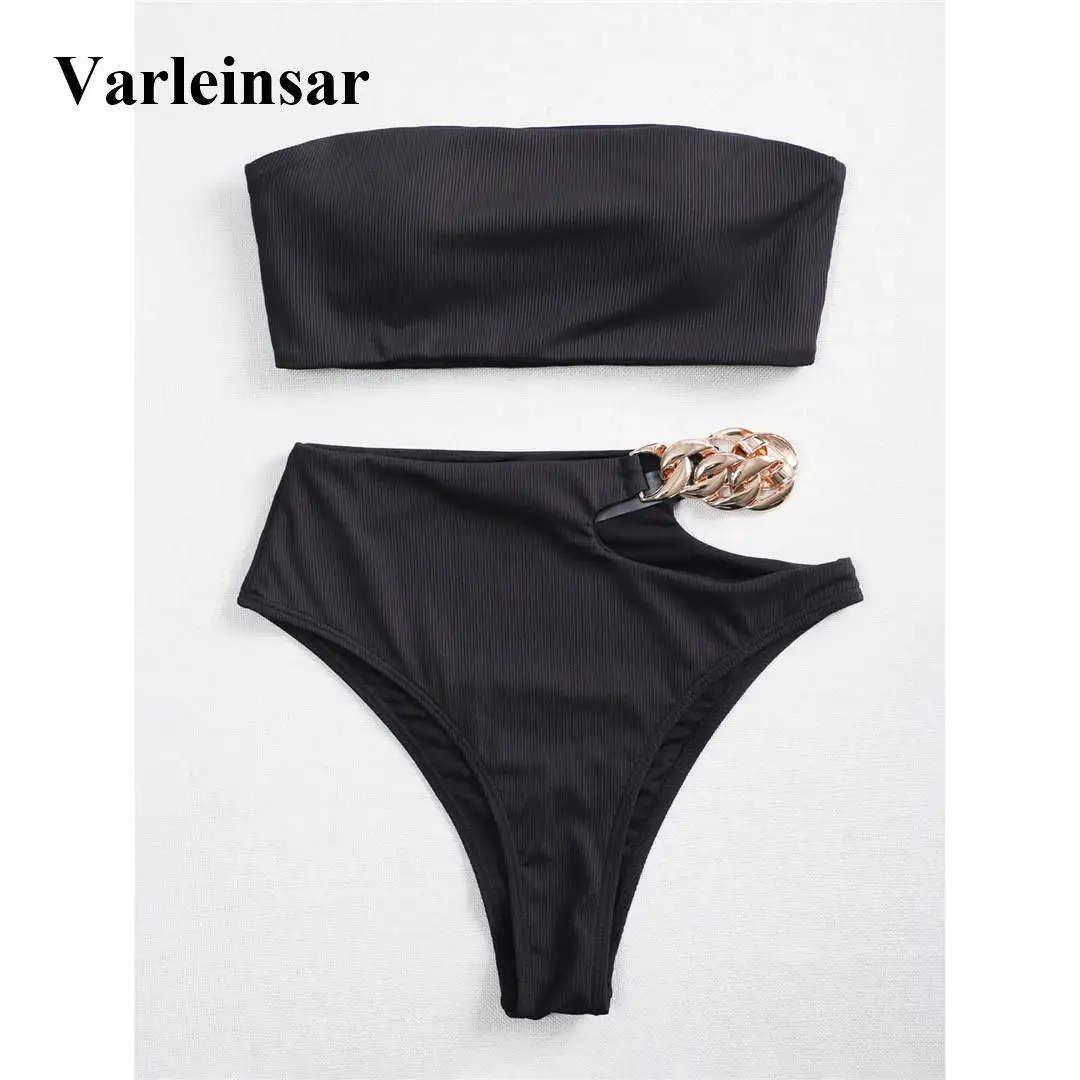 Swimsuit Women Bikini-Set Bandeau Asymmetric Two-Pieces Swim-V2640b High-Waist Ribbed