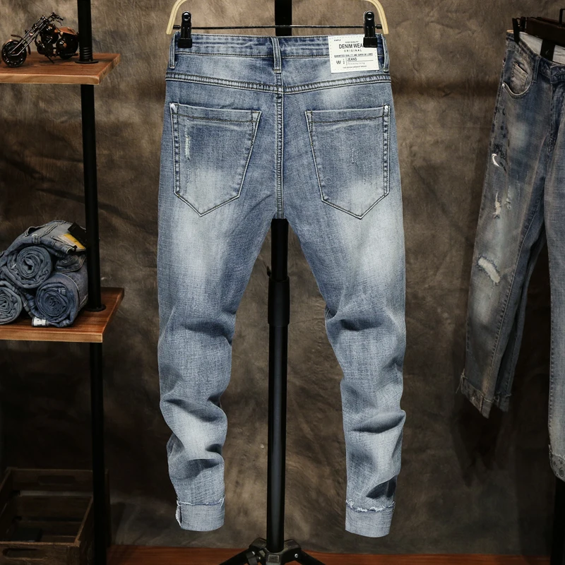 

Spring and Autumn New Retro Hole Jeans Men Ankle-Length Pants Cotton Denim Trouser Male Plus Size Skinny Stretch High Quality