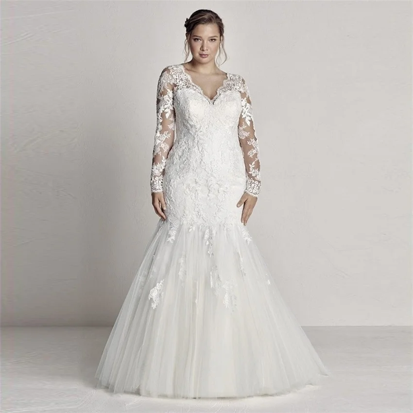 

New Long Sleeves V-Neck Plus Size Mermaid Wedding Dresses Trumpet Tulle Lace Appliques Bridal Gowns With Buttons Back Custom