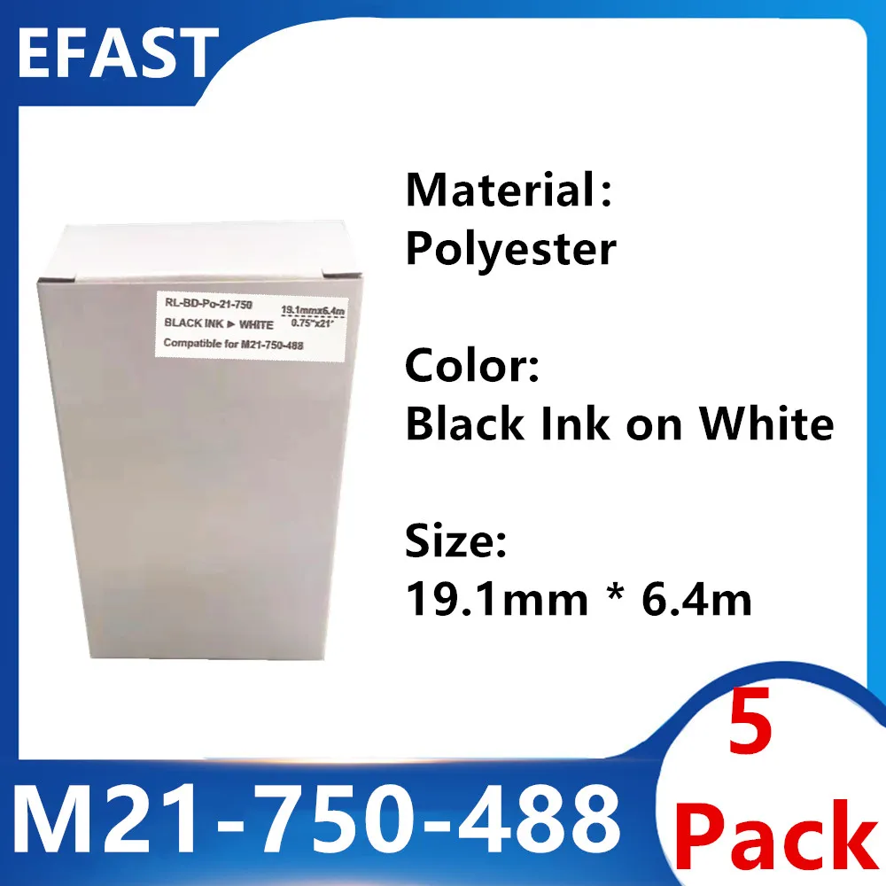 

5 Pack M21 750 488 Polyester Label Ribbon Black On white For BMP21 PLUS Printer M21-750-488 19.1mm * 6.4m