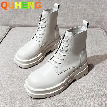

Fashion Women's Boots Leather Martin Boots Ladies British Style Cross Strap Mid-Tube Boots Platform Chelsea Short Boots 2020 New