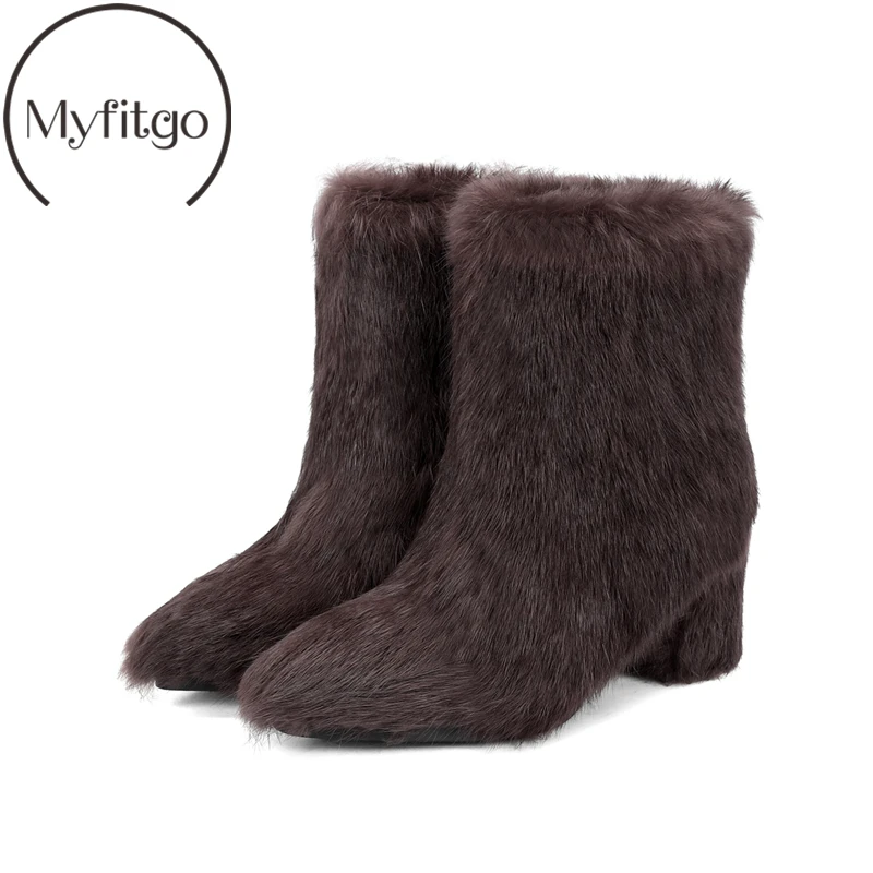 

Myfitgo Sheep Fur Women Ankle Boots Ladies 2019 Winter Shoes Furry Round Heels Snow Boots Black Brown Female Short Boots Shoes