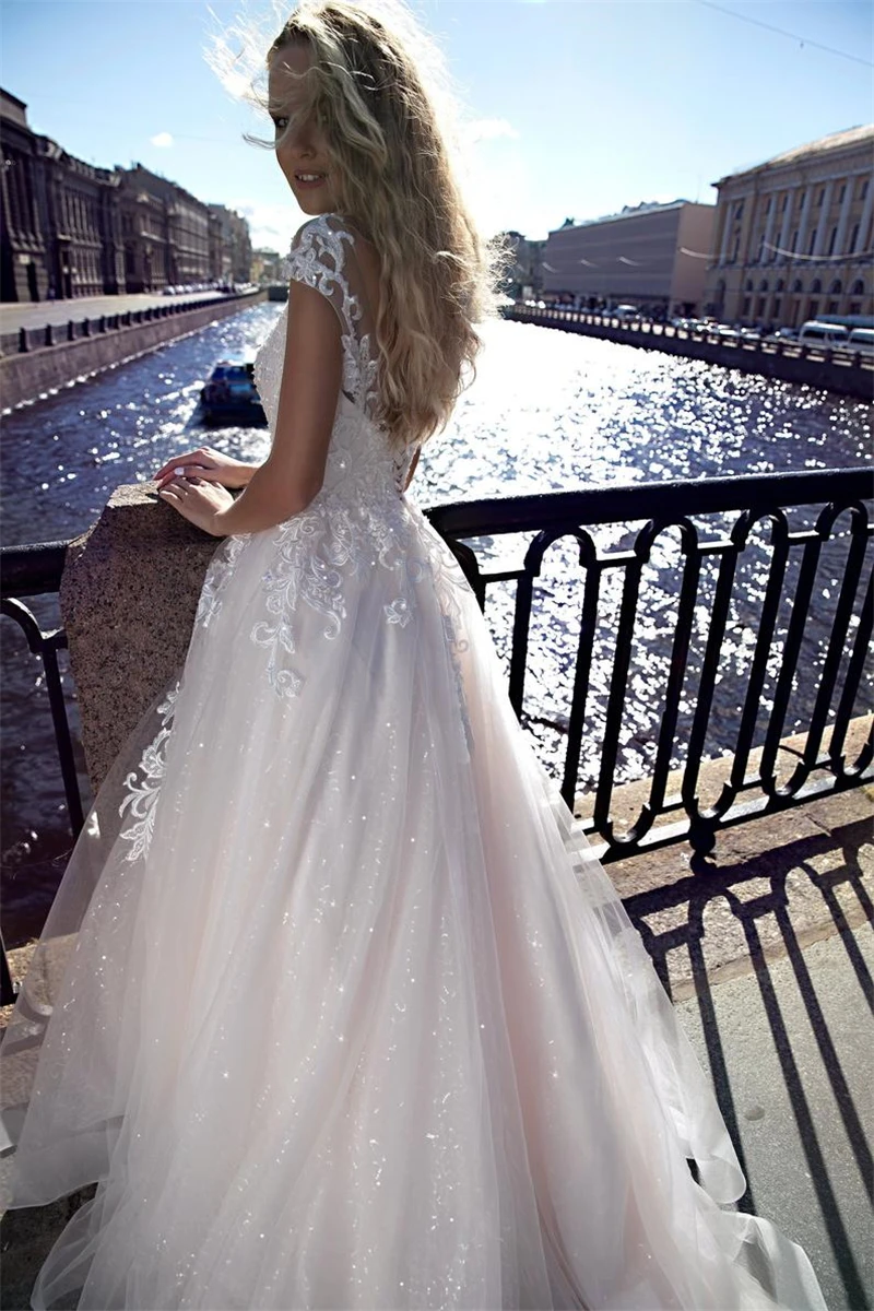 vestido de noiva 2020 Elegant Lace Appliques Wedding Dresses Short Sleeve A Line Bride Dress Sequin Beach Bridal Wedding Gowns (2)