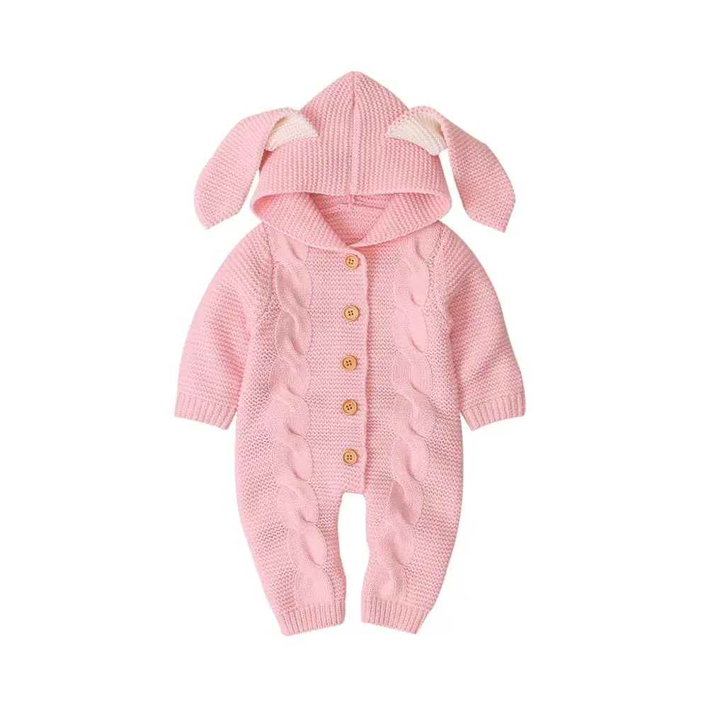 Pink Newborn Infant Baby Girl Boy Clothes Winter Warm Coat Knit Outwear Hooded Jumpsuit Xmas Long Sleeve baby knitted Bodysuit A40 - Цвет: Pink
