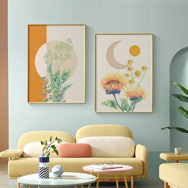 

Poster Print Sunflowers and Potted Green Plants Picture Living Room Decoration Nordic Watercolor Canvas Painting Wall Home Decor