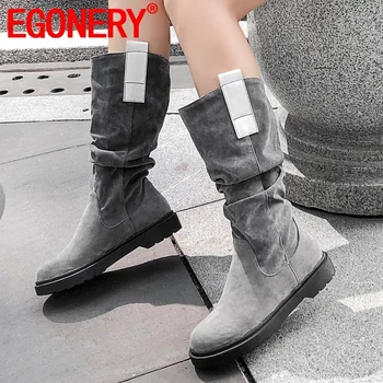 

EGONERY winter new fashion flock mid calf boots outside comfortable low heels round toe women shoes drop shipping size 34-43