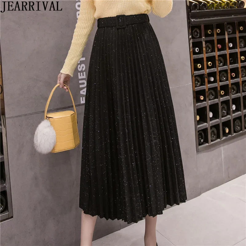 Новинка, зимние блестящие плиссированные юбки для женщин,, высокая талия, вязанная юбка миди, модная, тонкая, а-силуэт, винтажная, черная юбка для женщин, Saia