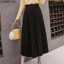 Новинка, зимние блестящие плиссированные юбки для женщин,, высокая талия, вязанная юбка миди, модная, тонкая, а-силуэт, винтажная, черная юбка для женщин, Saia