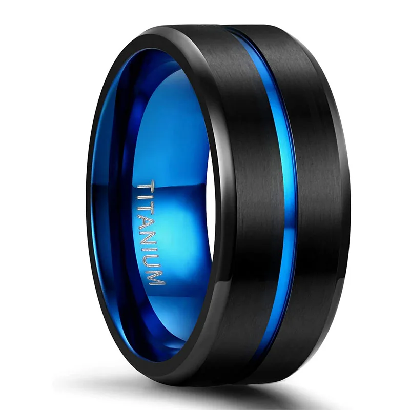 Titanium Ring 6 mm 8 mm 10 Blue Center Groove Wedding Ring Unisex