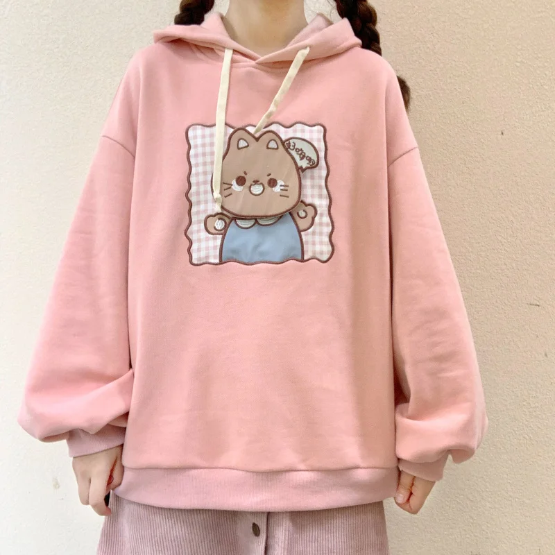 Милая японская толстовка с капюшоном для подростков женская одежда Kawaii Cat Графический плед розовые толстовки Весна корейский милый аниме женский свитер