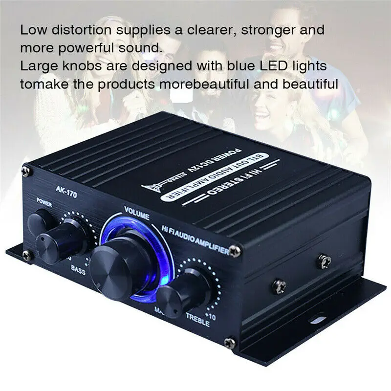 1PC Newest 400W DC12V Dual Channel Mini HIFI AUX Power Amplifier For AK 170 With Blue LED Light Car Home Club Party Music voice amplifier