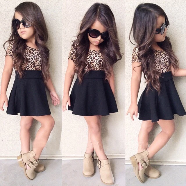 New Summer Girls Kids Clothes Elastic Fit Leopard Print A-Line Short Fashion Dresses for 2-6T European and American Style | Детская