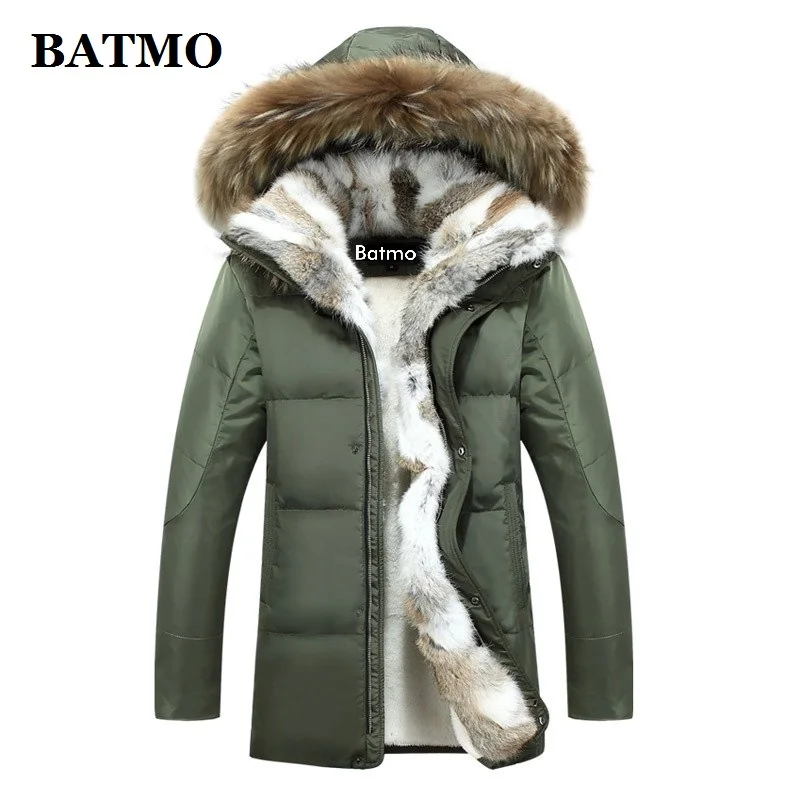 BATMO 2021 new arrival winter rabbit fur collar 80% white duck down hooded jackets men ,plus-size S-5XL long black puffer coat