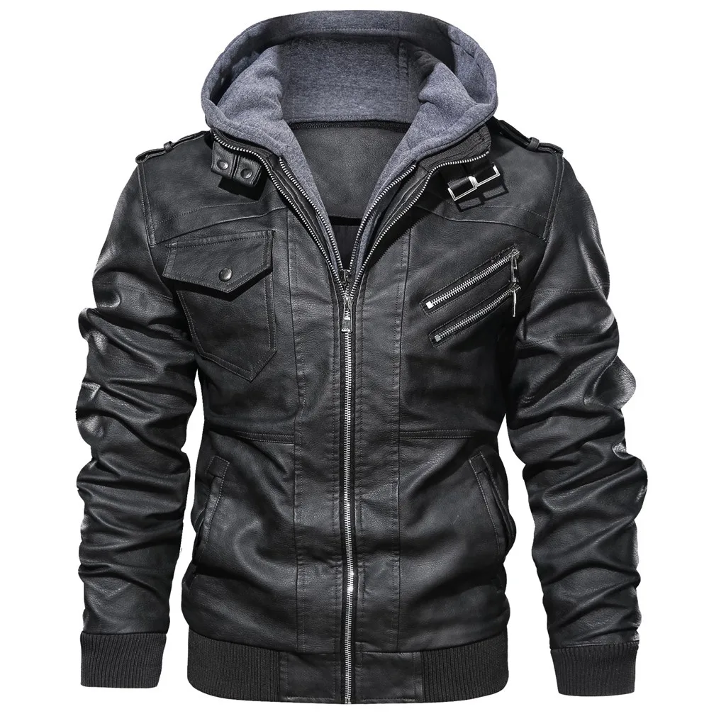 

Mens jacket coat autumn and winter long-sleeved retro zipper solid color mens coat hoodie solid color imitation leather jacket