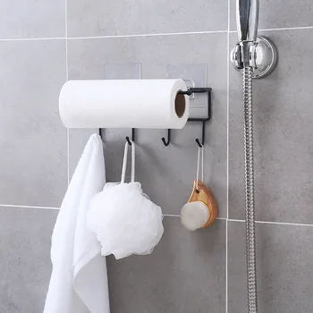 

Nail-free 4 Hook Bathroom Towel Rack Iron Drying Shelf Home Kitchen Roll Paper Stand