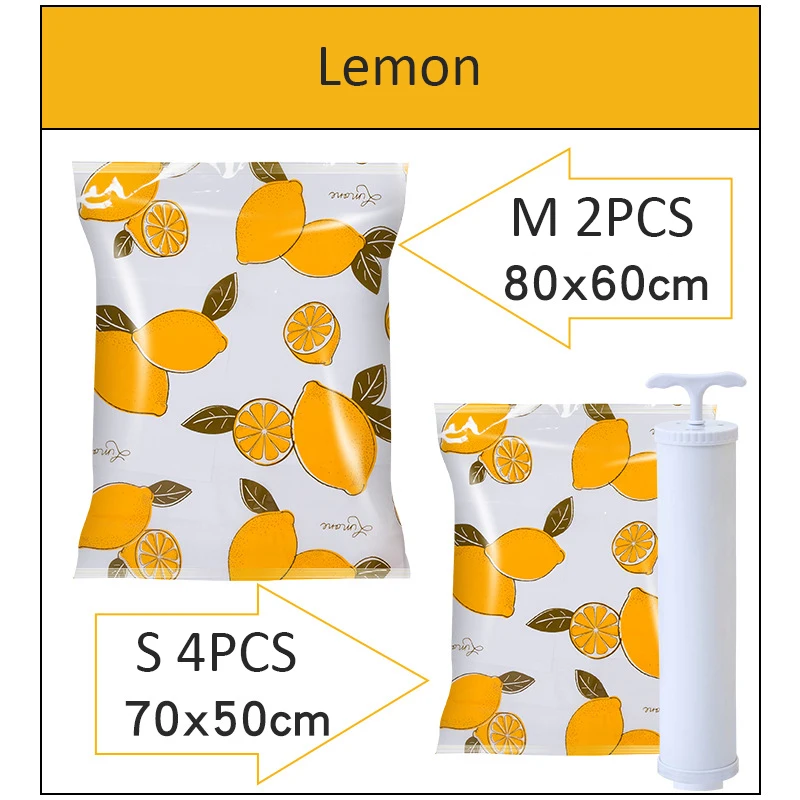 Lemon 6PCS 6/11 предмета утепленные путешествия пакеты для вакуумной упаковки для одежды многоразовые сжатия Сумочка в том же стиле с насос Стёганое Одеяло Подушка для хранения сумка-Органайзер - Цвет: Lemon 6PCS