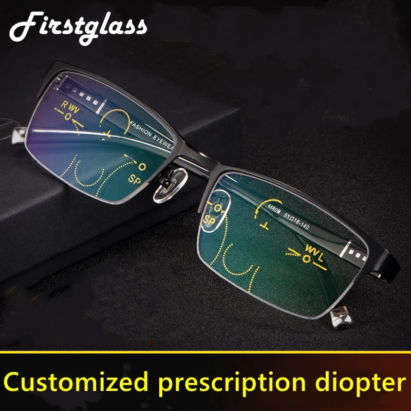 

Progressive Reading Glasses Men Multifocal TR90 Customized Prescription Presbyopia Glasses Anti Blue Light Half Frame Black 175