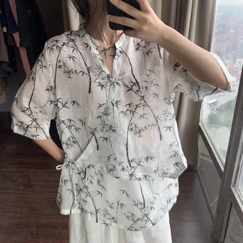 

retro digital print ramie tops women T-shirt summer short sleeve casual loose tops