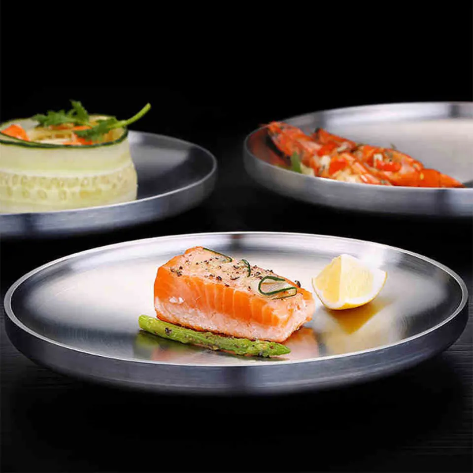 

Stainless Steel Dinner Plates Western Tableware Steak Tray Kitchen Serving Dishes Salad Shape Round Plate Cake Dessert Unique
